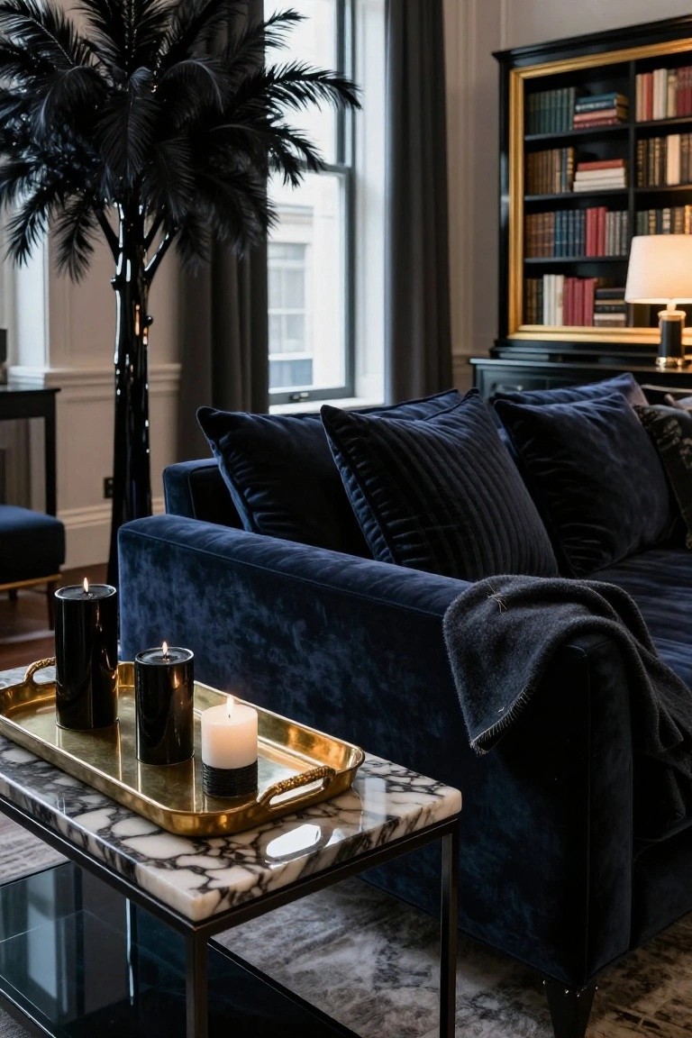 Luxurious living room with navy blue velvet sofa, tall black feather palm tree beside it, black candles on gold tray atop marble coffee table, dark wood bookshelves, and large curtained windows.