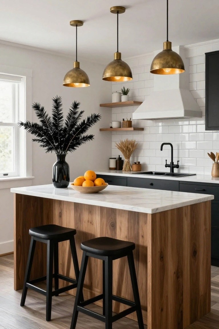 Modern kitchen island made of wood with white marble top and two black leather stools, featuring a black vase of dark feathers and a bowl of oranges, brass pendant lights above, and black lower cabinets in the background.