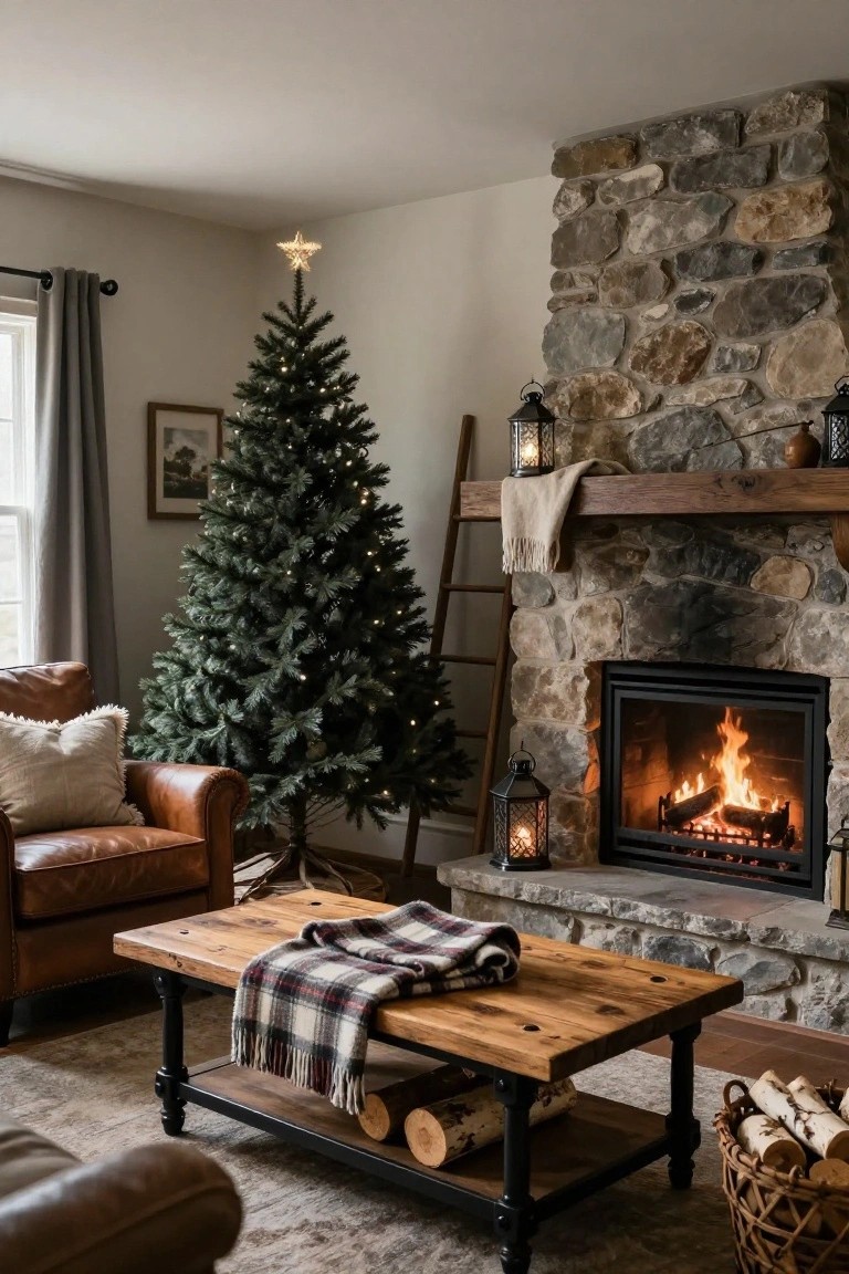 Cozy living room interior with a lit green Christmas tree next to a stone fireplace containing a burning fire, flanked by black lanterns, a wooden ladder, leather armchair, wooden coffee table with plaid blanket, and firewood basket.