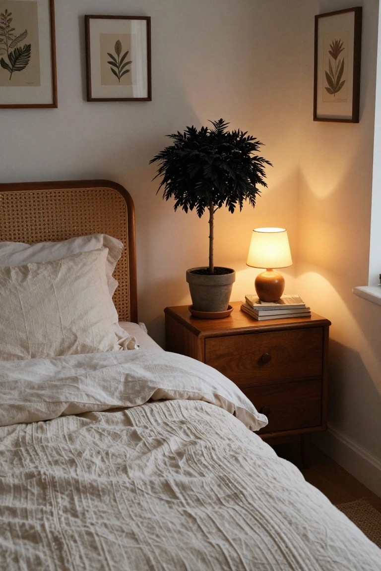 Corner of a light-colored bedroom featuring a bed with rattan headboard and white linens, wooden nightstand with ceramic lamp and stacked books, potted black-leafed tree in terracotta pot, and botanical prints on white walls.