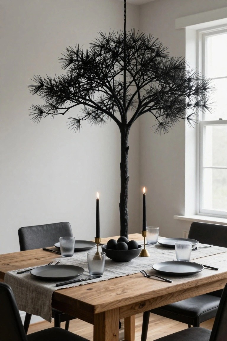 Dining room with a large hanging black wireframe pine tree chandelier above a wooden table set for dinner with black plates, glasses, black candles on the tree trunk, and a bowl of black ornaments.
