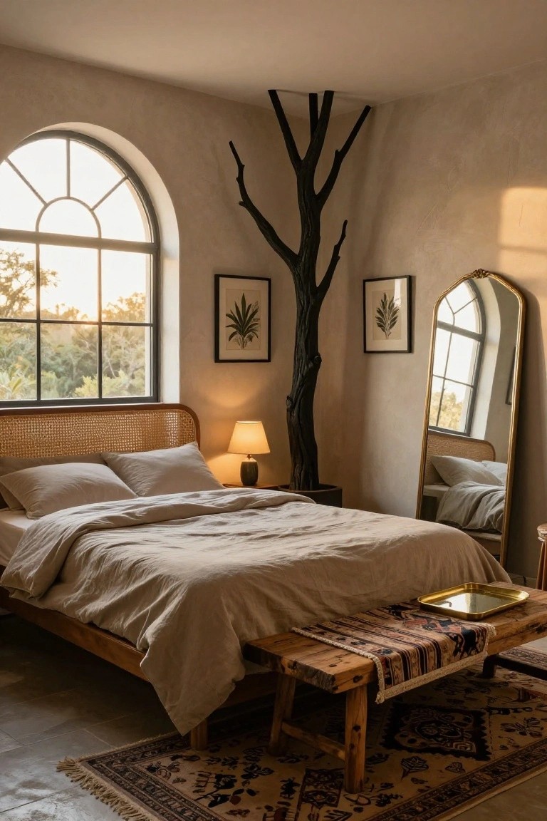 Bedroom interior featuring a tall black tree sculpture in the corner beside a rattan headboard bed with beige linens, a gold-framed arched mirror, potted lamp, and arched window with outdoor view.