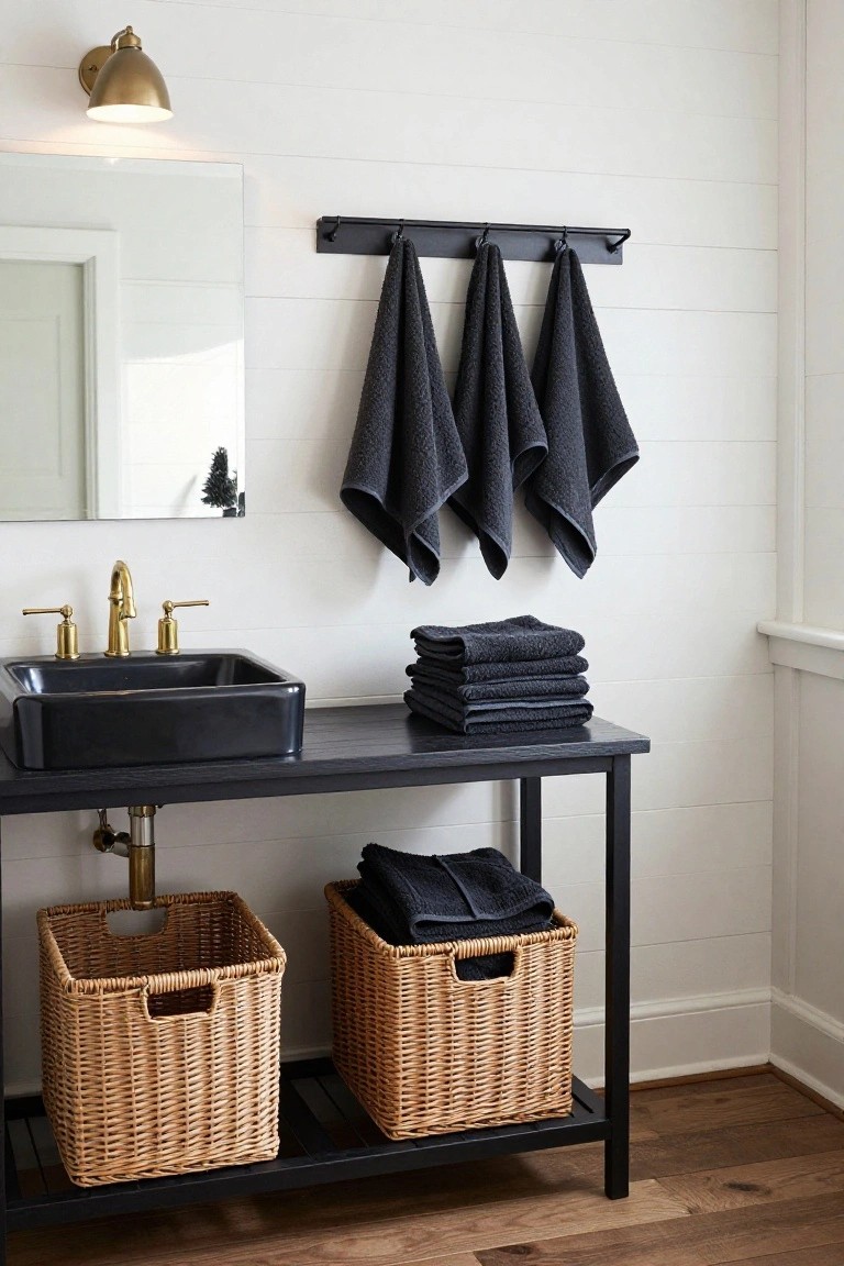 Black square sink on a black metal vanity table in a white shiplap-walled bathroom, with a gold faucet, stacked and hanging black towels, and wicker baskets for storage underneath.