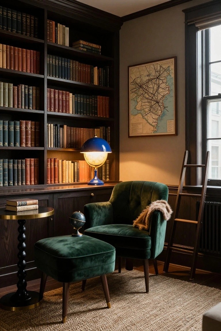 Dark wood bookshelves filled with books line a library corner with a green velvet armchair draped with a fur throw, matching ottoman, blue globe lamp, small globe on a gold side table, world map on wall, ladder, and window.