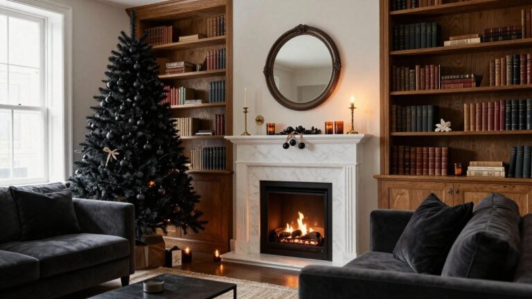 Living room with a black Christmas tree decorated in black ornaments next to a white marble fireplace with lit logs, wooden bookshelves on both sides, large round mirror above mantel, black velvet sofa, brass coffee table with candles, and beige rug.
