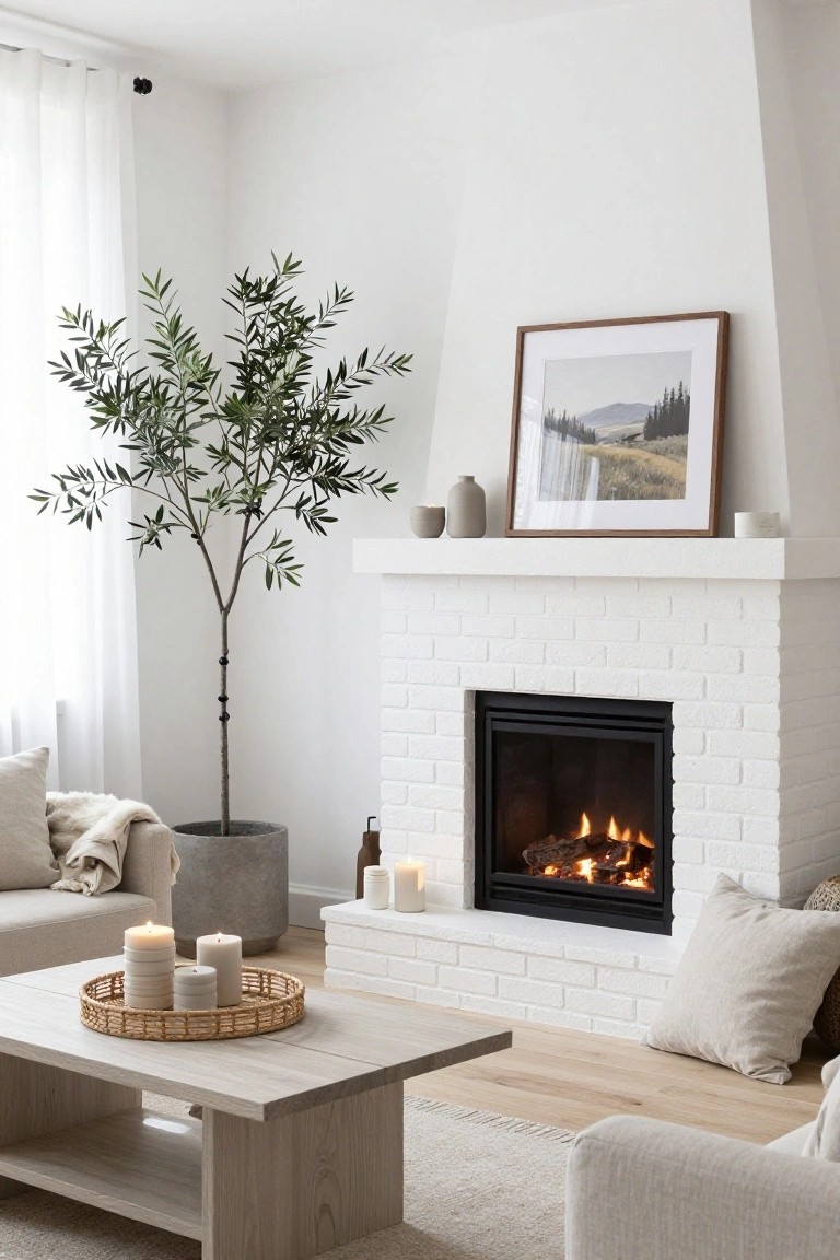 Living room corner with white brick gas fireplace lit with flames, tall potted olive tree beside it, neutral linen sofa with pillows and throw, wood coffee table holding stacked candles in a woven tray, and beige rug on light wood floor.