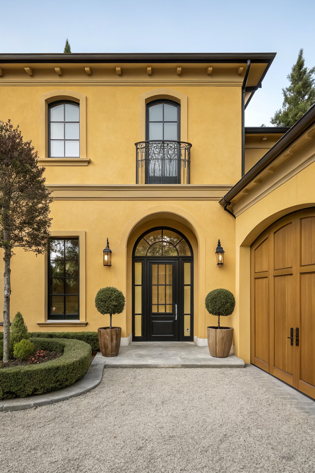 Two-story mustard yellow stucco house exterior with arched black front door, wrought-iron balcony above, wooden garage door to the side, lanterns flanking the entry, and potted topiaries on a gravel driveway.