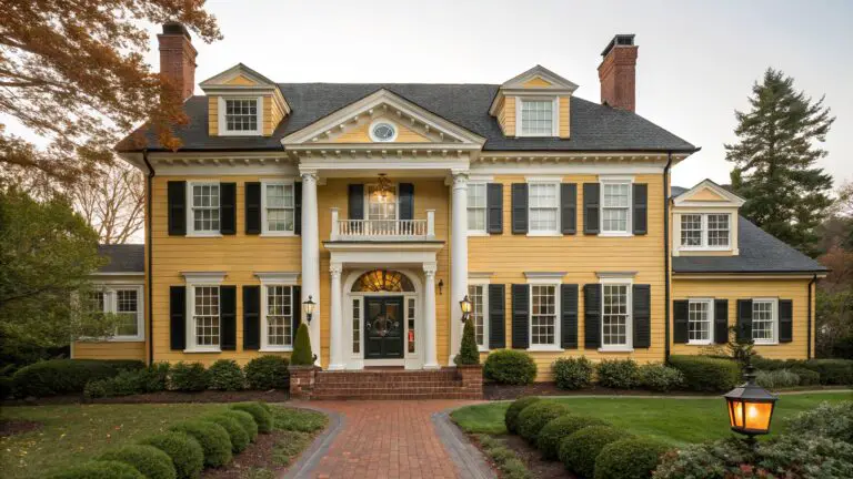 Two-story yellow clapboard house with white Doric columns supporting a portico over a black front door, brick walkway lined with boxwood shrubs and lanterns, surrounded by lawn and trees at dusk.