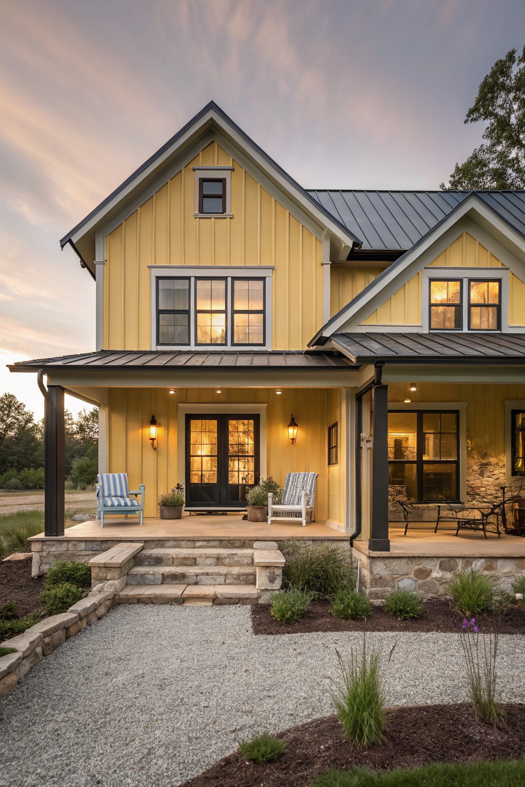 Two-story yellow board-and-batten house with dark metal roof, covered porch with blue and white chairs, black double doors, stone steps, gravel path, and low plantings at dusk.