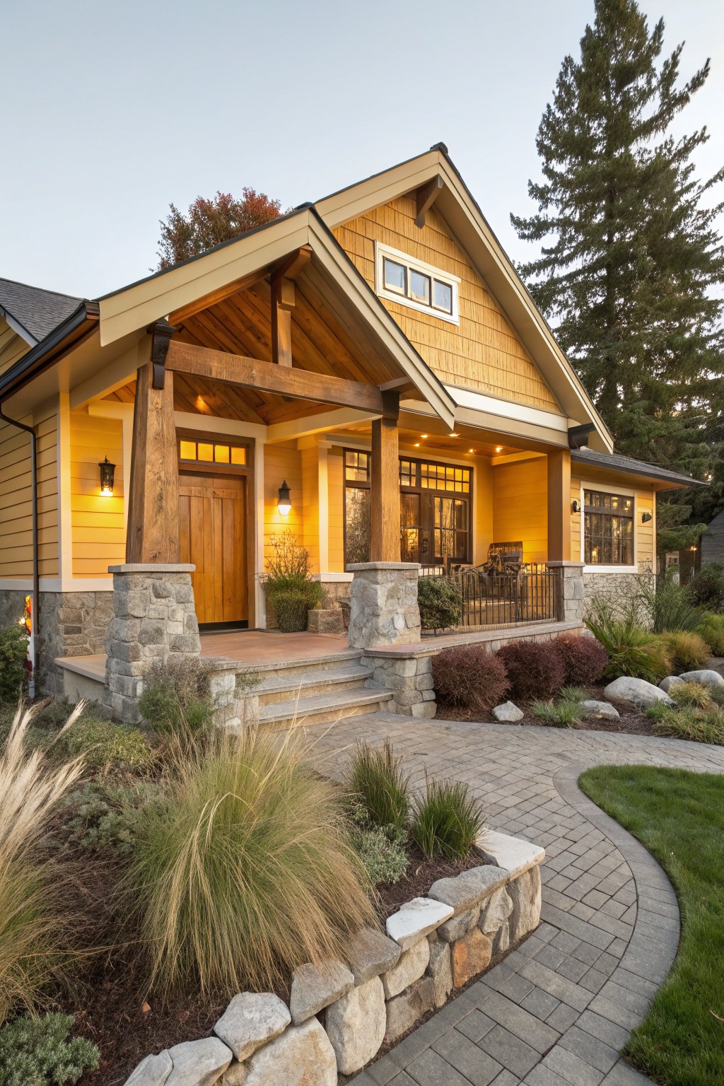 Mustard yellow house exterior featuring a gabled roof, covered front porch with exposed wooden beams, stone pillars, wooden double door, large windows, and front yard landscaping with grasses, shrubs, rocks, and a curved paver path.