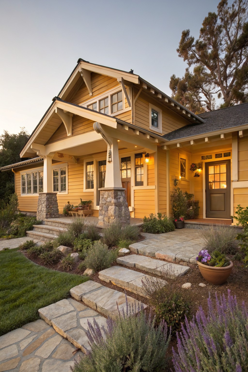 Mustard yellow Craftsman-style house exterior with wooden siding, gabled roof, covered front porch supported by stone pillars, flagstone steps, and low-water landscaping including lavender and potted plants.