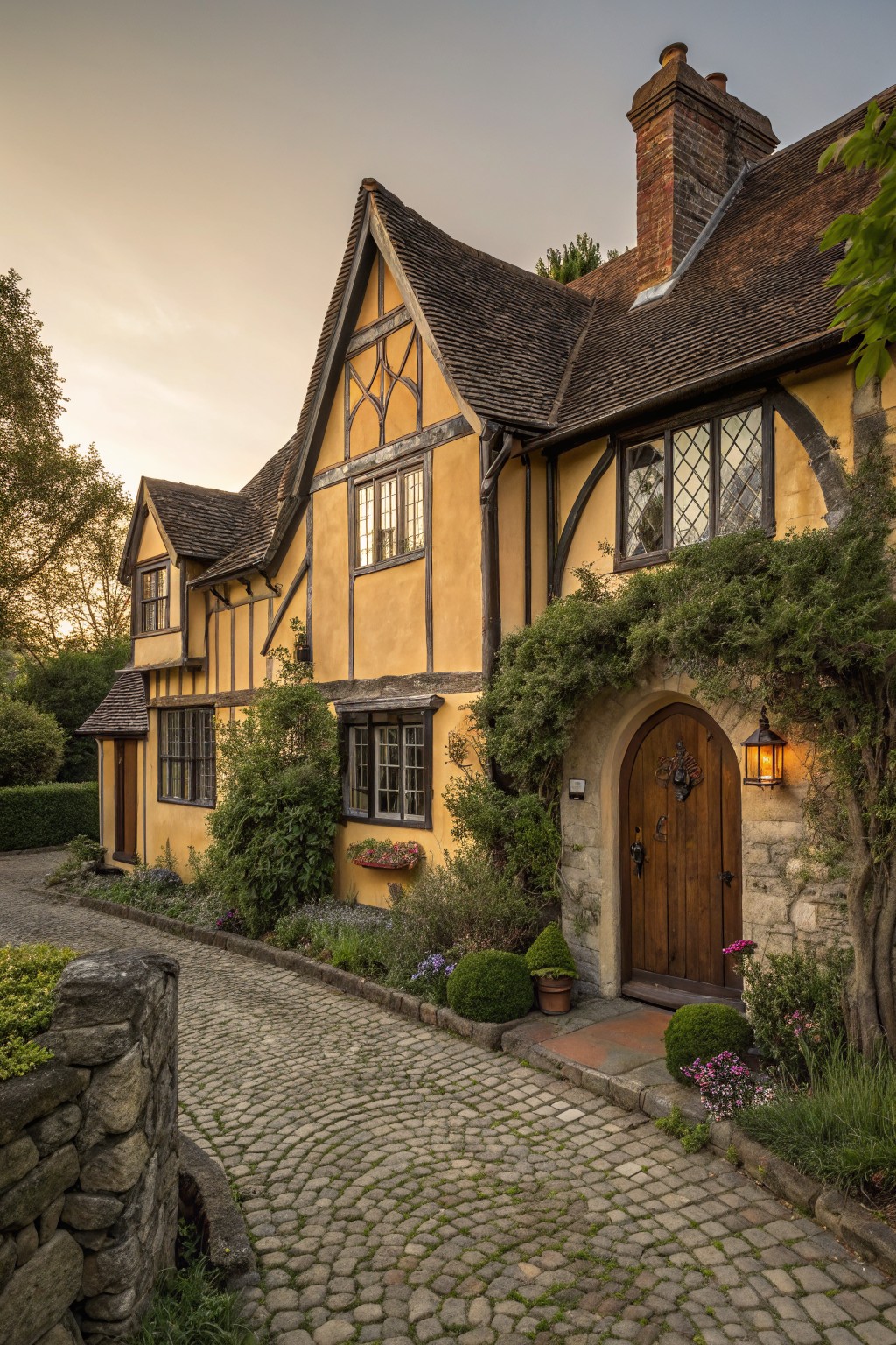 A two-story mustard yellow half-timbered house exterior with dark timber framing, multiple leaded glass windows, arched wooden front door with iron knocker and lantern, climbing plants, flower beds, boxwoods, and cobblestone path.