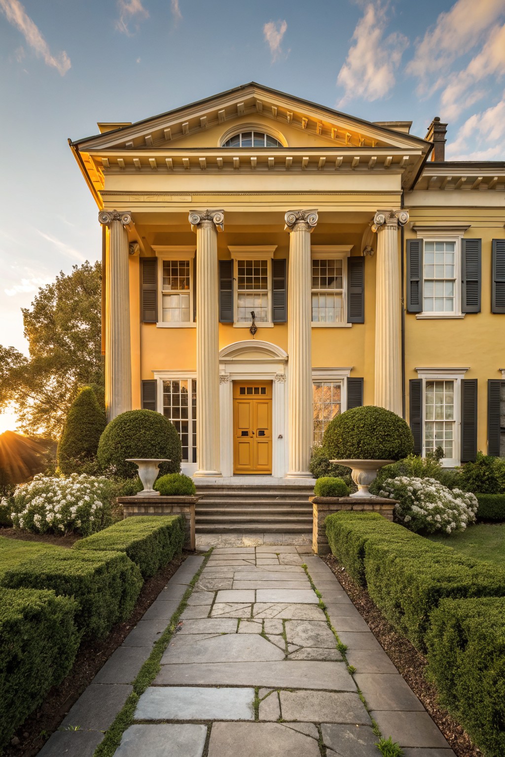 A two-story yellow house with cream Ionic columns supporting a pedimented portico, yellow front door, black shutters, stone steps, boxwood hedges, and urns along a flagstone pathway.