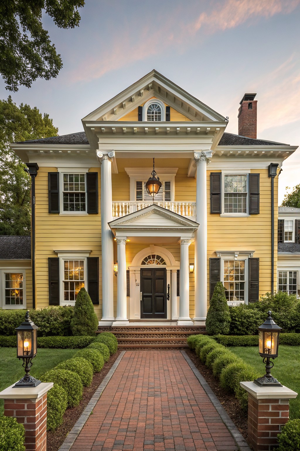 Two-story yellow clapboard house with white Doric columns supporting a portico over a black front door, brick walkway lined with boxwood shrubs and lanterns, surrounded by lawn and trees at dusk.