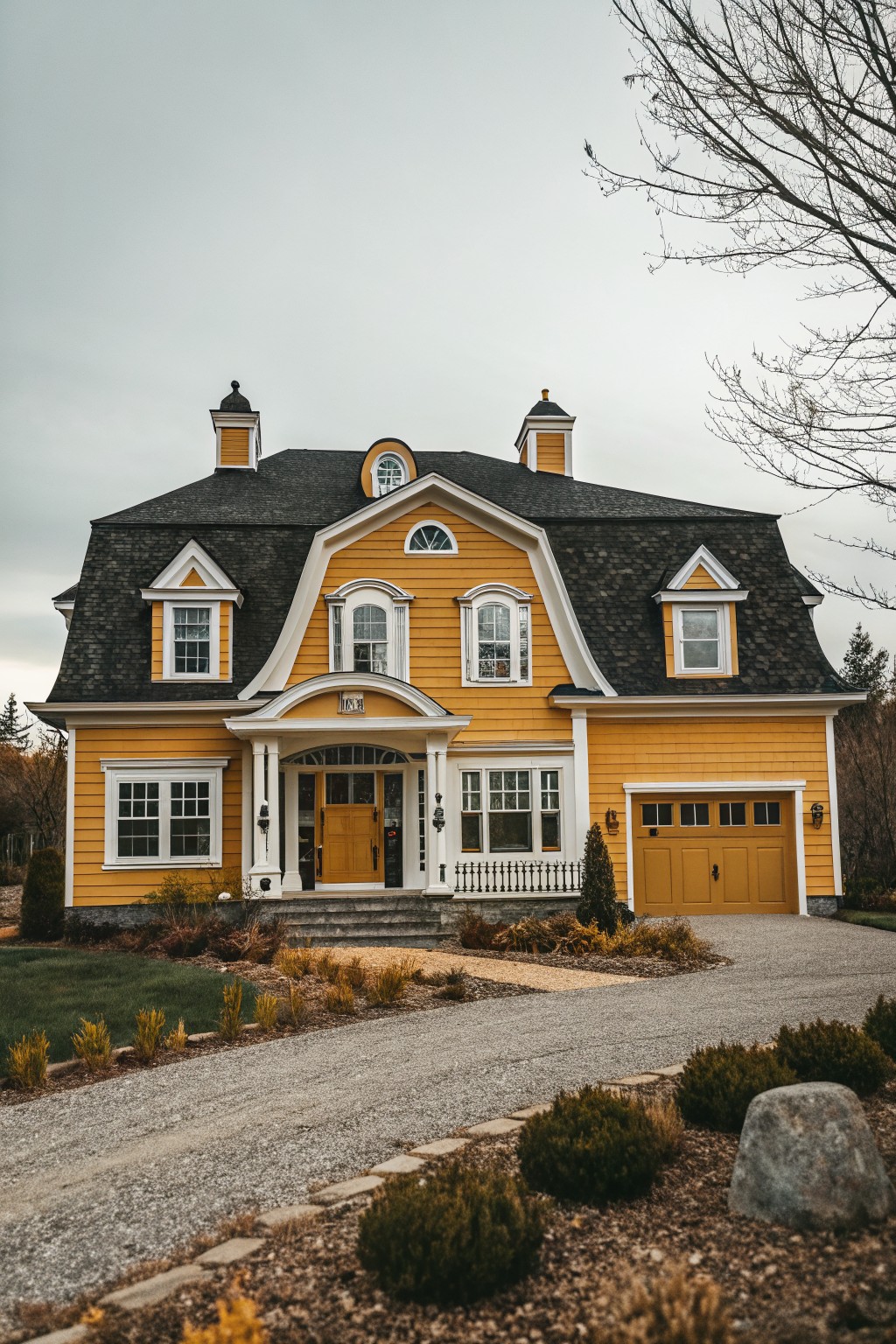 A two-story mustard yellow clapboard house with black gabled roof, white trim on dormers and arched entry porch, double garage, and gravel driveway with shrubs and grasses.