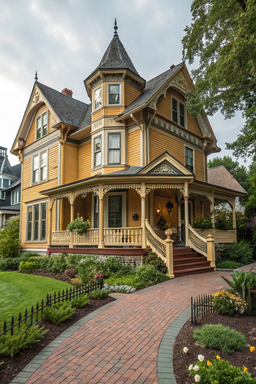 A two-story mustard yellow Victorian house with a corner turret, wraparound porch, spindlework details, bay windows, brick entry path, black iron fence, and landscaped front yard.