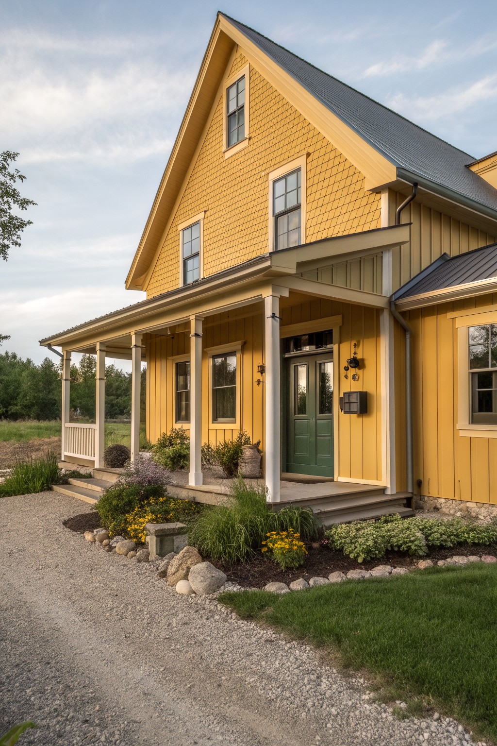 Two-story house with mustard yellow shingle siding, gabled roof, wraparound front porch, green double doors, white railings, landscaping beds with rocks and plants along a gravel driveway.