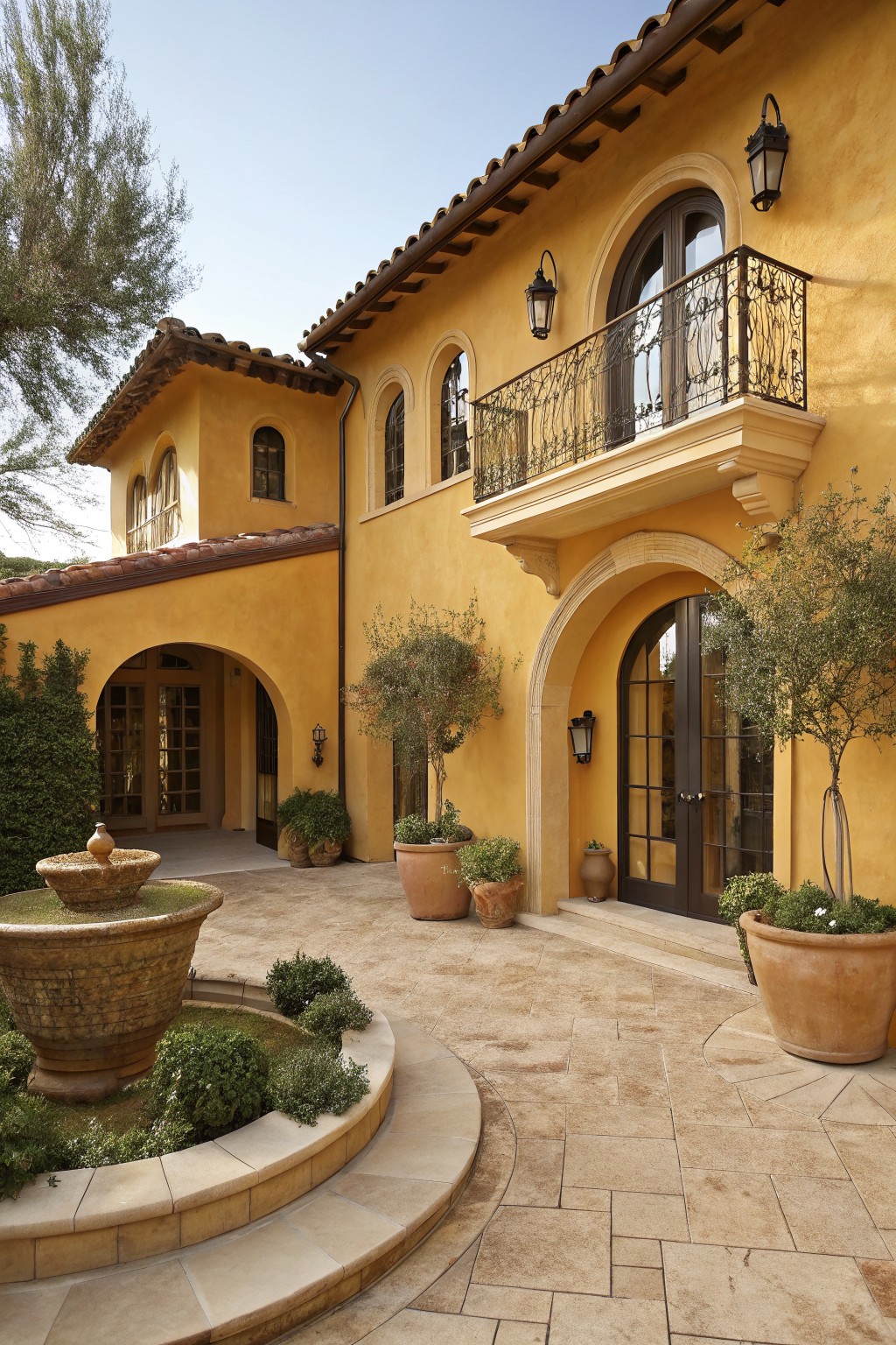 Mustard yellow stucco house exterior with terracotta tile roof, second-story balcony with wrought iron railing, arched entryway leading to a courtyard fountain, potted olive trees, and stone pavers.