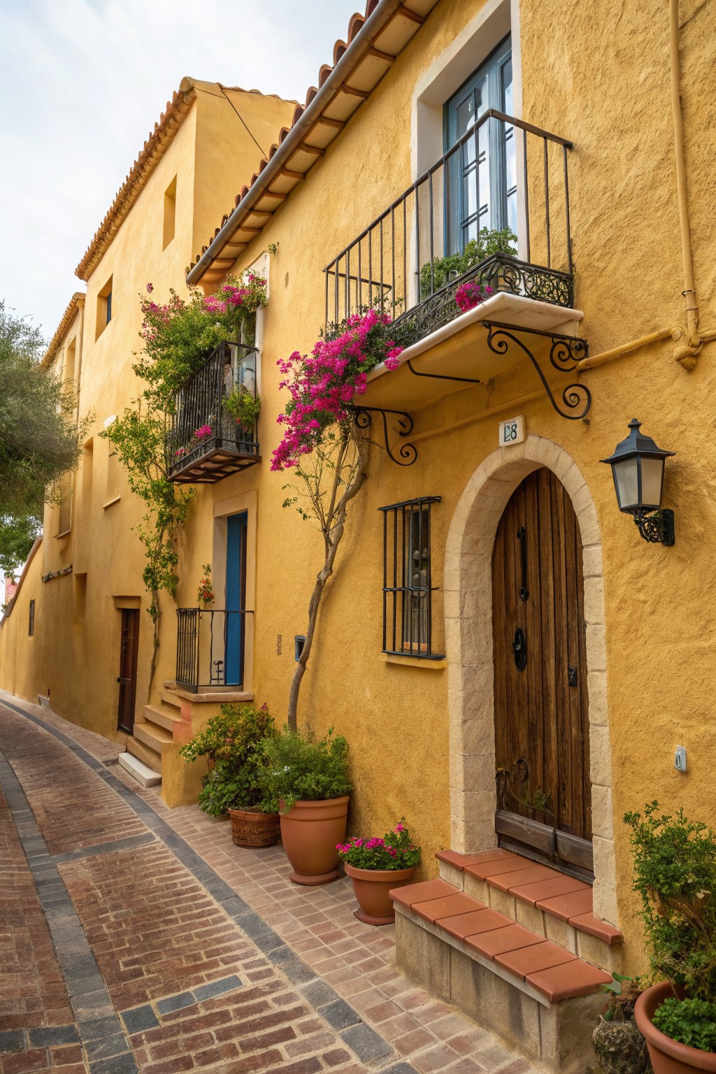 Mustard yellow stucco house facade on a narrow brick-paved street with wrought iron balconies overflowing with pink bougainvillea, blue windows, arched wooden entry door with lantern light, and potted plants along the base.