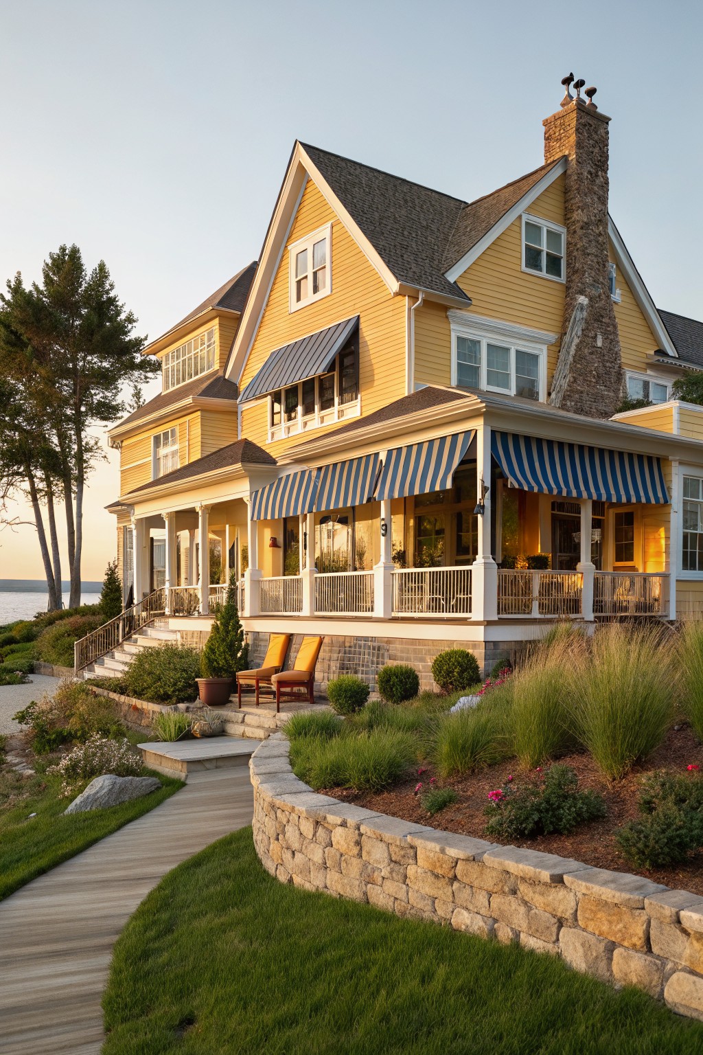 A two-story mustard yellow clapboard house with gabled shingle roof, tall stone chimney, wraparound porch with blue and white striped awnings, yellow Adirondack chairs, stone retaining wall, wooden path, and landscaping near a lake.