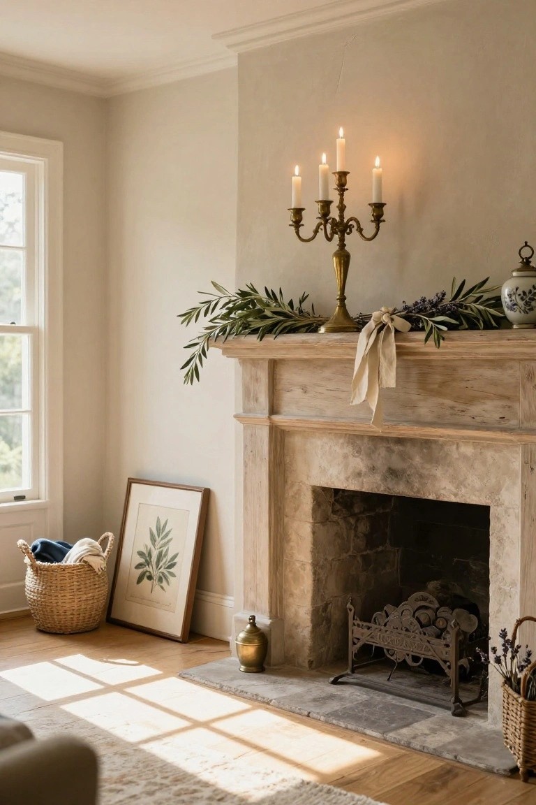 A living room fireplace mantel with a tall brass four-arm candelabra holding lit candles at center, draped with olive branches, lavender sprigs, and linen ribbon, next to a framed botanical print and wicker basket on a hardwood floor.