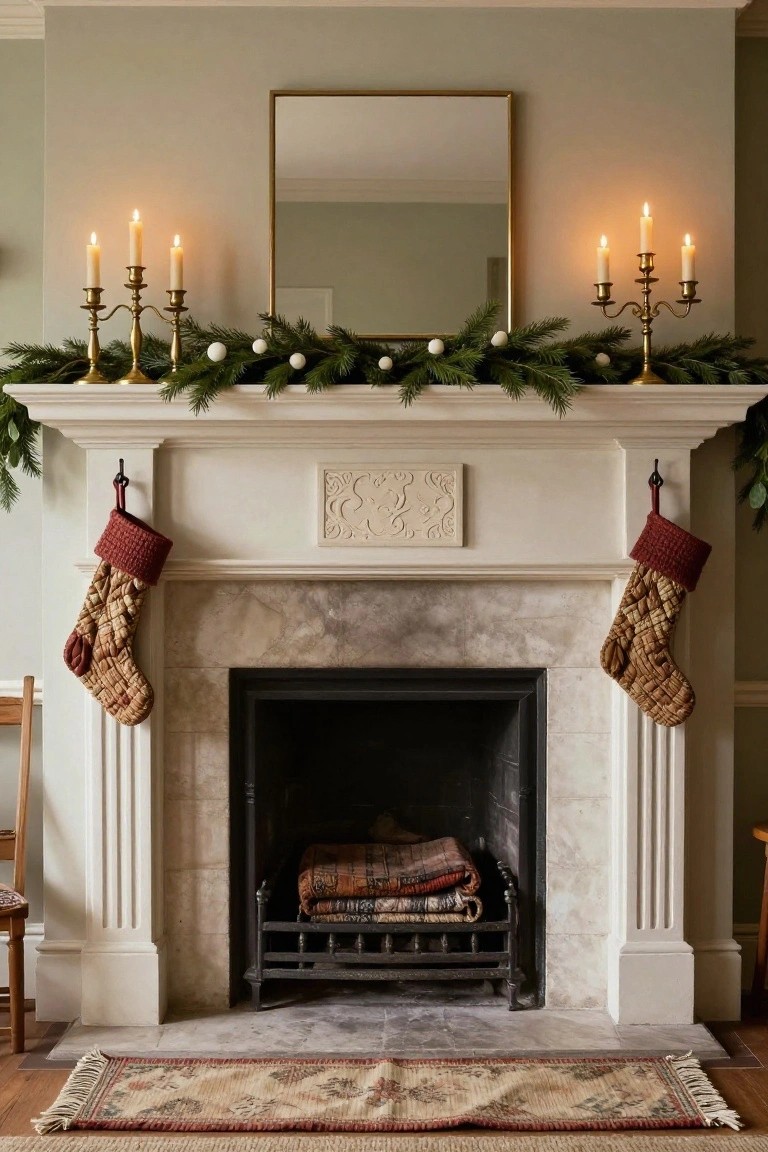 Christmas mantel on a white marble fireplace with brass candelabras holding lit candles on each end, evergreen garland draped across topped with white berries, two plaid knit stockings hanging from hooks, gold-framed mirror above, and a fire grate with logs in a room with pale green walls.