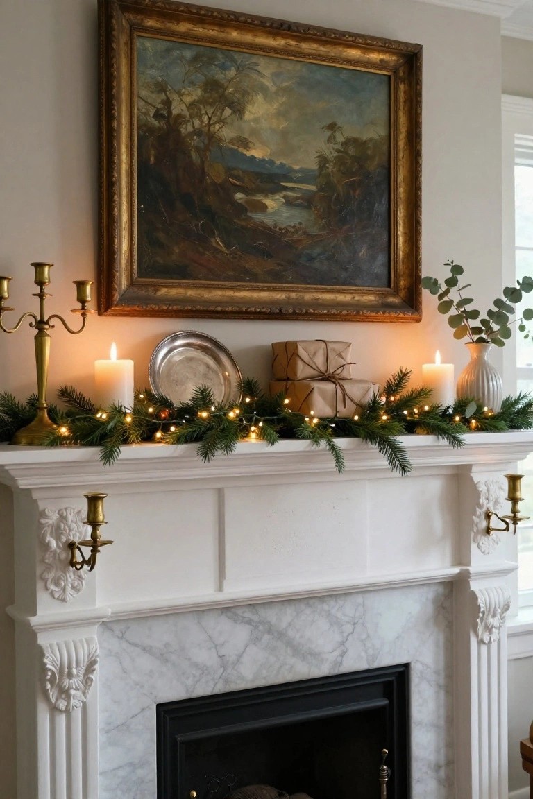 White marble fireplace mantel decorated for Christmas with evergreen garland strung with lights, flanked by brass candelabras holding lit white pillar candles, silver tray with candle, stacked wrapped boxes, eucalyptus, and large gold-framed landscape painting above.