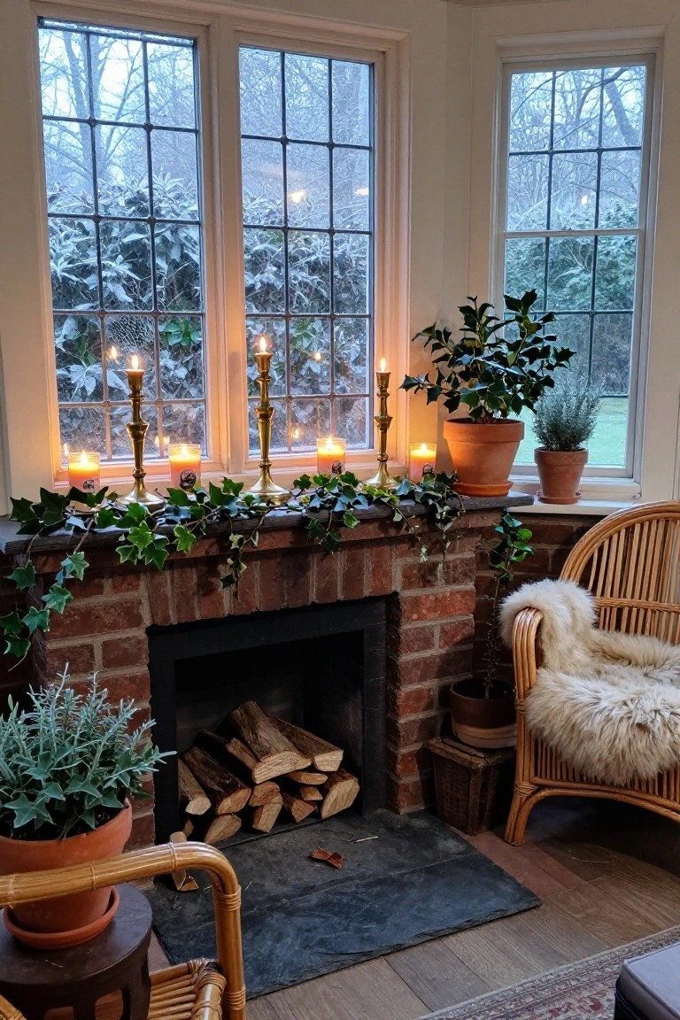 Brick fireplace mantel in a cozy interior room decorated with a row of brass candlesticks holding lit candles, draped in green ivy garland, flanked by potted plants, with large leaded windows showing snowy hedges outside and rattan chairs nearby.