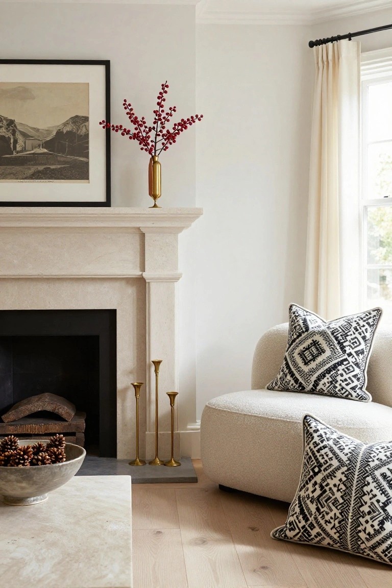 Cozy interior corner showing a limestone fireplace mantel with three brass candlesticks, gold vase of red berries, pinecones in a gray bowl, cream bouclé armchair with black-and-white patterned pillows, and window with beige drapes.