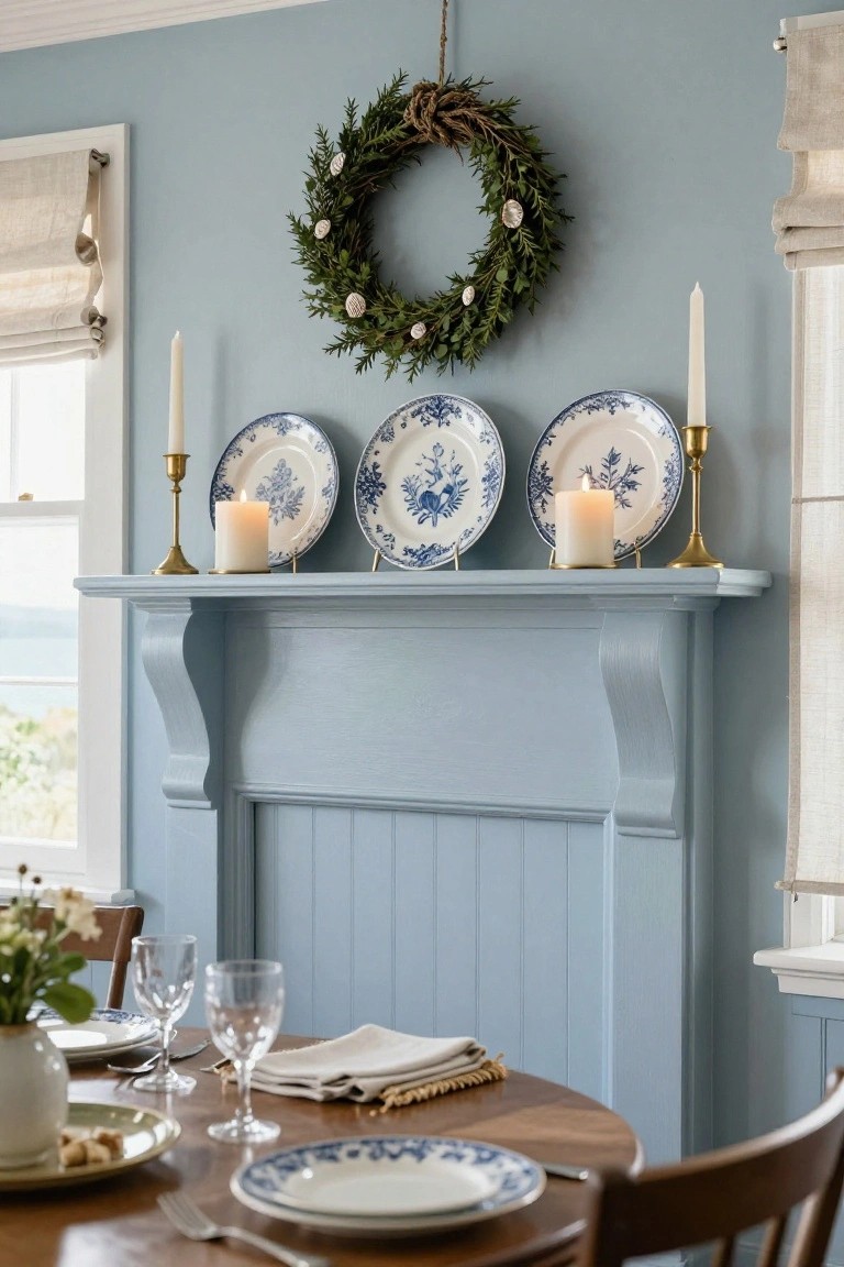 Blue-painted wooden mantel shelf in a light blue room displaying two brass candlesticks with lit white candles flanking three blue-and-white patterned plates on metal stands, evergreen wreath with shells hanging above, wooden dining table with blue-rimmed plates, glassware, and food in foreground, window showing outdoor view.