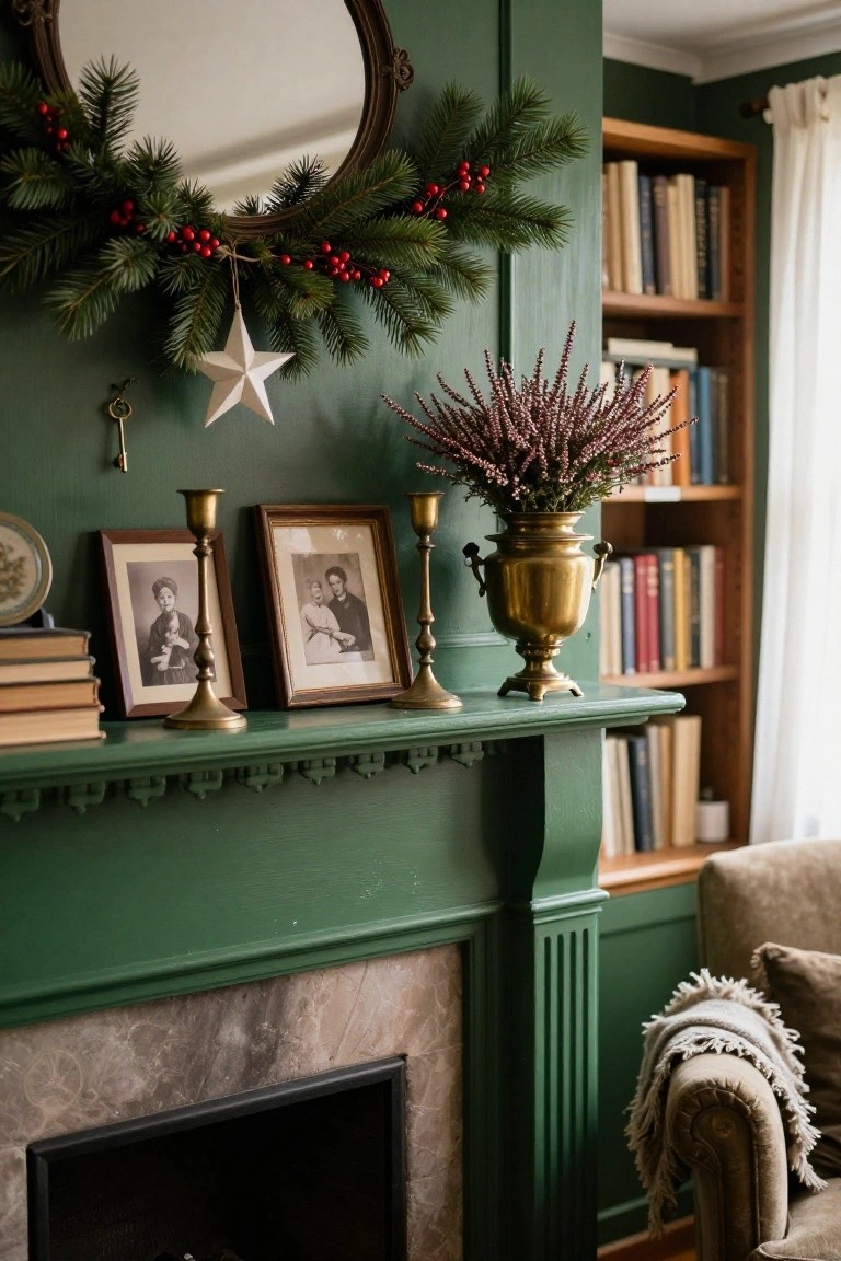 Green painted fireplace mantel with brass candlesticks, vintage black-and-white photographs in frames, brass vase holding purple heather flowers, Christmas greenery garland with red berries, white paper star, and brass mirror above, beside wooden bookshelves and armchair.