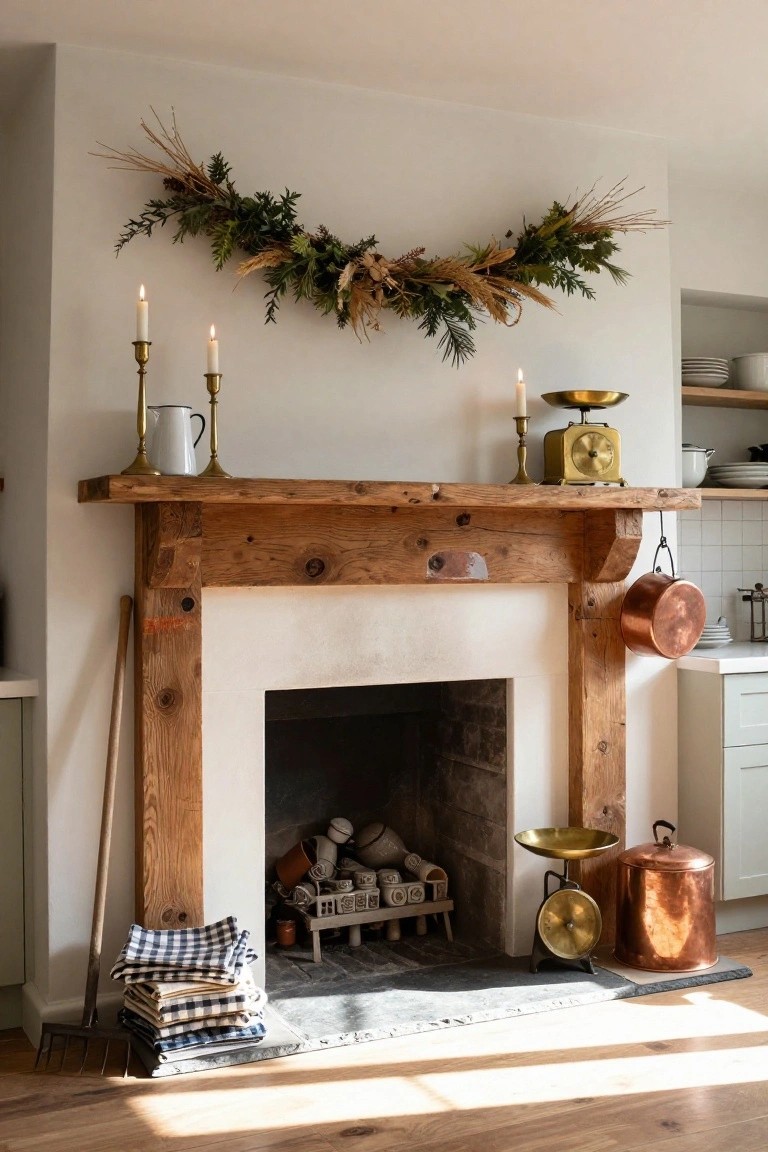 Rustic wooden fireplace mantel with brass candlesticks, white jug, gold scale and weights, greenery and dried grass garland overhead, copper pots hanging, checkered cloths stacked by a poker and fork, logs in the hearth, and kitchen visible to the side.