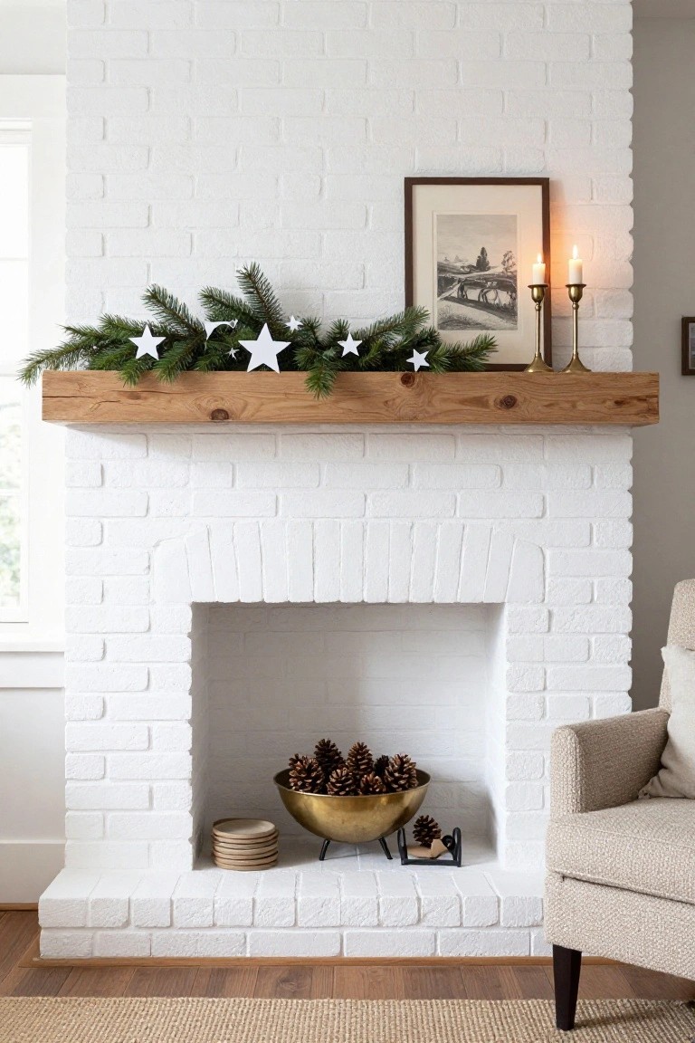 White brick fireplace with wooden mantel shelf decorated for Christmas using pine garland, white paper star ornaments, brass candlesticks with lit candles, a framed black-and-white print, pinecones in a brass bowl on the hearth, wooden plates stacked nearby, and a beige armchair in the corner on a wood floor with seagrass rug.