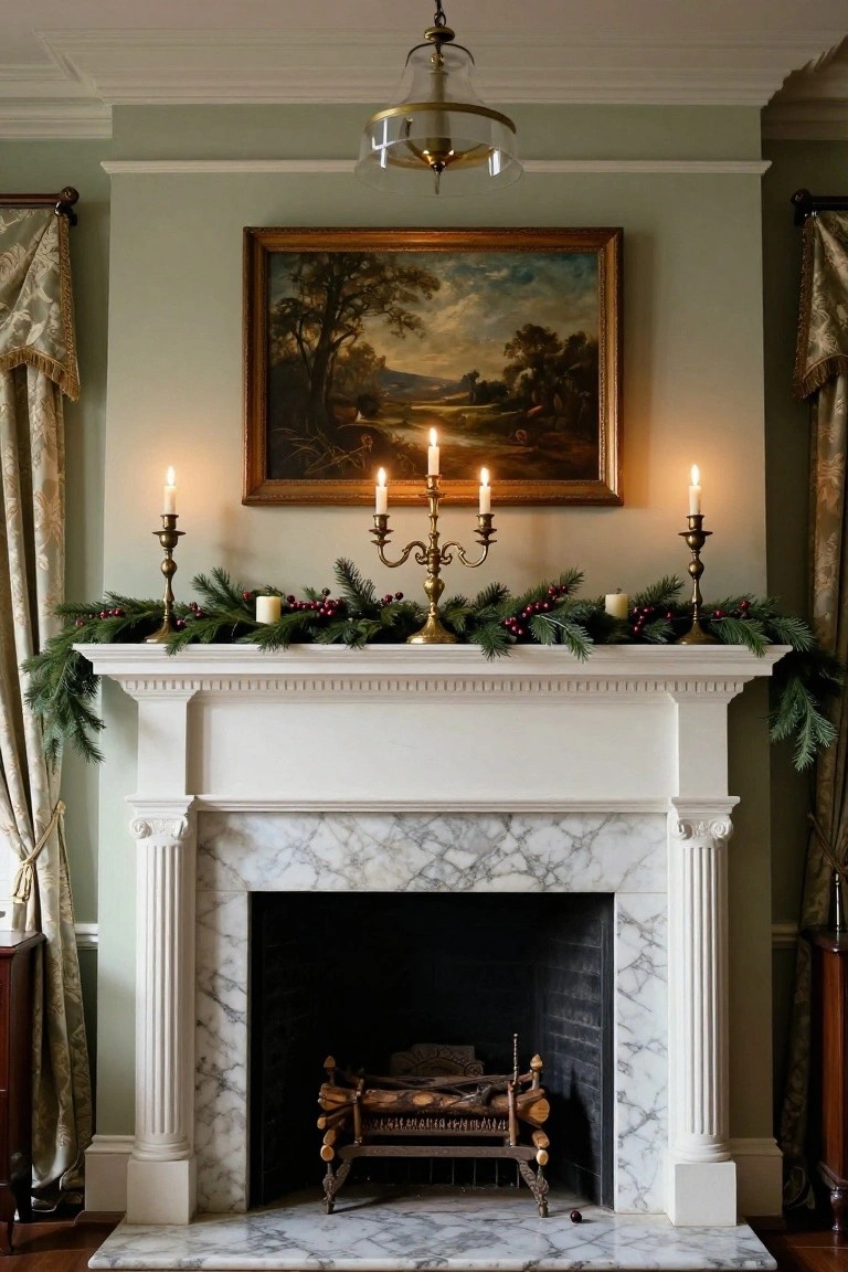 A white fireplace mantel with marble surround in a sage green room, decorated with evergreen garland, red berries, white pillar candles, and brass candlesticks holding lit taper candles, with a landscape painting and drapes on either side.