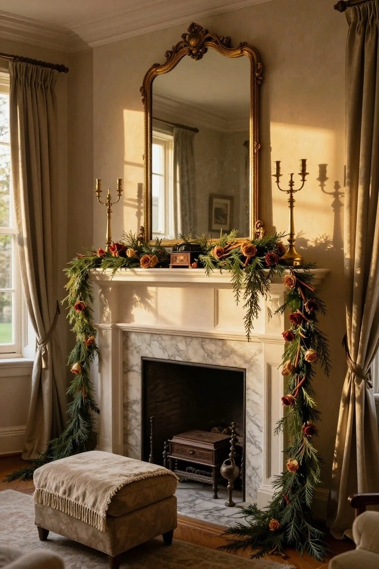 Beige interior room featuring a marble fireplace mantel decorated with evergreen garland, dried oranges, roses, and a brass three-arm candelabra, under an ornate gold mirror with cream drapes on windows and a footstool nearby.