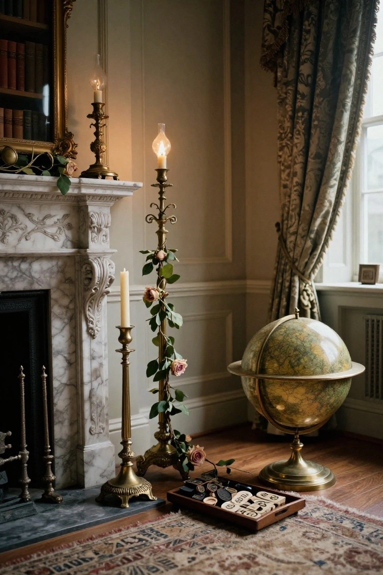 Marble fireplace mantel in a paneled room with brass candlesticks and stands holding lit candles, wrapped in ivy garlands and pink roses, beside a globe on a wooden stand and a tray of letter tiles on a rug.