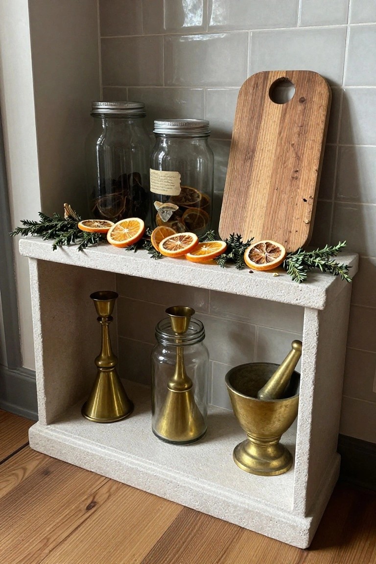 White concrete shelf in a kitchen niche displaying two brass candlesticks, brass mortar and pestle, glass jars with dried herbs, wooden cutting board, and dried orange slices arranged with rosemary sprigs against gray subway tile wall.
