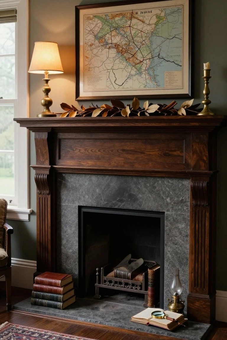 Wooden fireplace mantel with gray slate surround decorated by brass candlesticks, magnolia leaf garland with cinnamon sticks, stacked leather-bound books, an open book, magnifying glass, and fire grate inside the hearth.