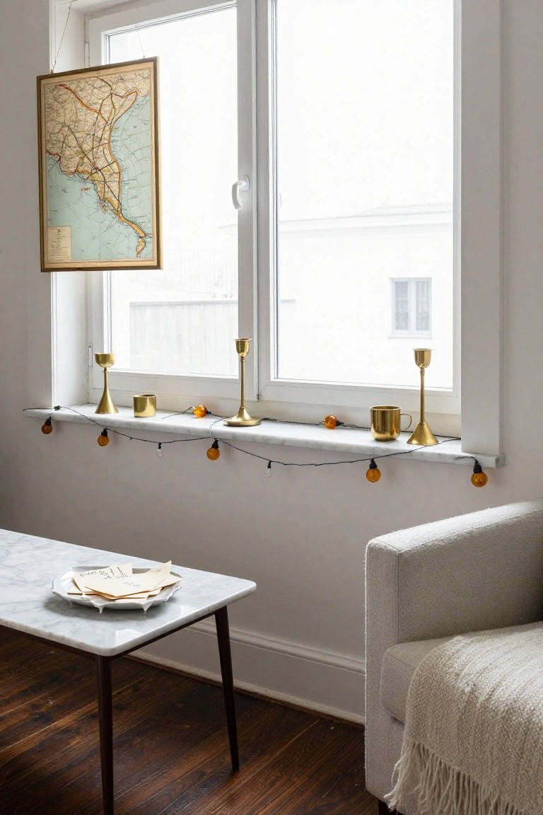 Windowsill Mantel with Brass Candlesticks