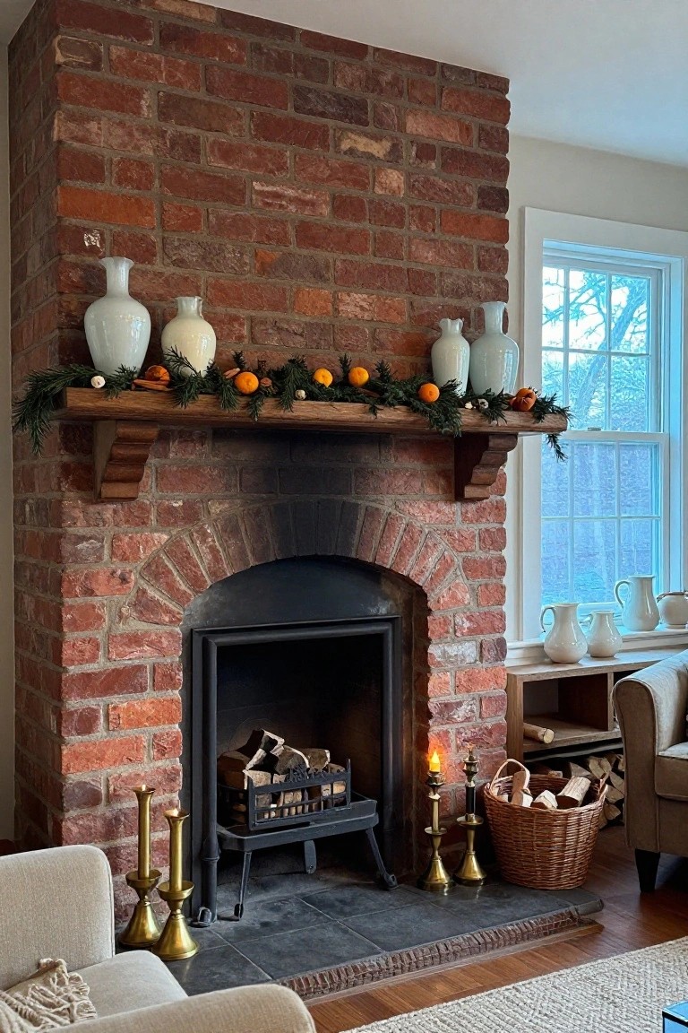 Cozy living room with a brick fireplace, wooden mantel, and decorative vases.