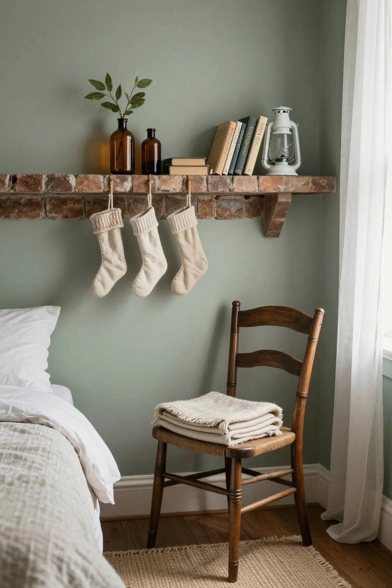 Corner view of a sage green bedroom featuring an exposed brick shelf with hanging cream knit Christmas stockings, glass bottles, books, and a white lantern, beside a wooden chair with folded blankets and a bed with white linens.