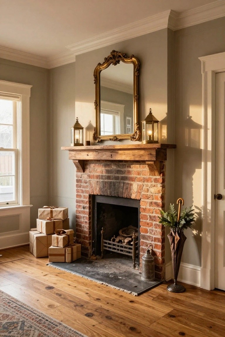 Sage green interior room with brick fireplace under wooden mantel holding brass lanterns and ornate gold mirror, multiple beige-wrapped gifts stacked on floor beside hearth, potted fern in umbrella stand nearby, and hardwood floor with patterned rug.