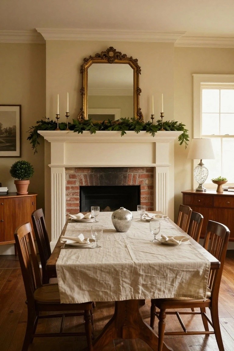 Dining room with white-trimmed brick fireplace mantel decorated with evergreen garland, gold candelabras, and white candles, plus a wooden table set with white linens, plates, glasses, and a silver vase.