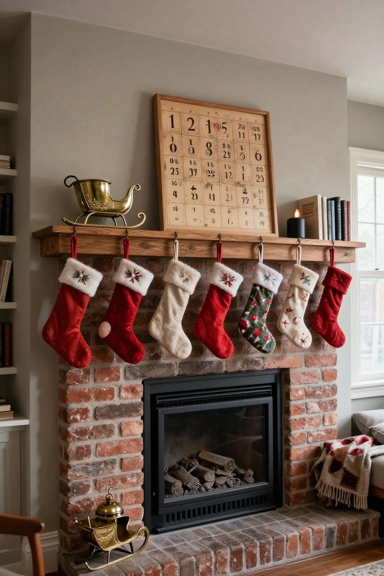 Brick fireplace with wooden mantel holding an array of colorful patterned Christmas stockings, brass sleigh decorations on the hearth and shelf, Advent calendar frame above, candles, and books on built-in shelves.