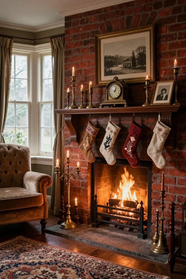 Brick fireplace mantel decorated with four embroidered Christmas stockings in tan, navy, red, and cream hanging from wooden hooks, surrounded by brass candelabras and a lit fire in a warmly lit room with an armchair and Persian rug.