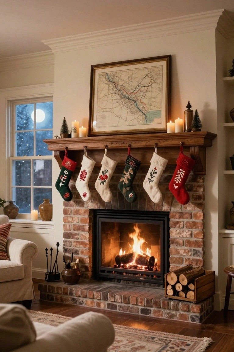 Brick fireplace with wooden mantel holding colorful embroidered Christmas stockings in red, green, white, and cream with floral and leaf patterns, flanked by candles and small trees, in a living room at night with snow outside the window.