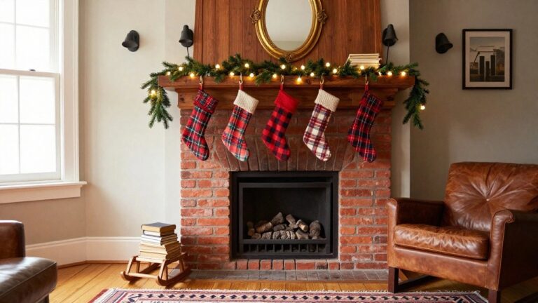 19 Brick Fireplace Christmas Mantle Ideas That Bring Vintage Warmth Living room interior with brick fireplace topped by wooden mantel holding evergreen garland with lights and plaid plus white fur stockings, leather sofas, wooden sled, books on footstool, red rug, and wall mirrors.