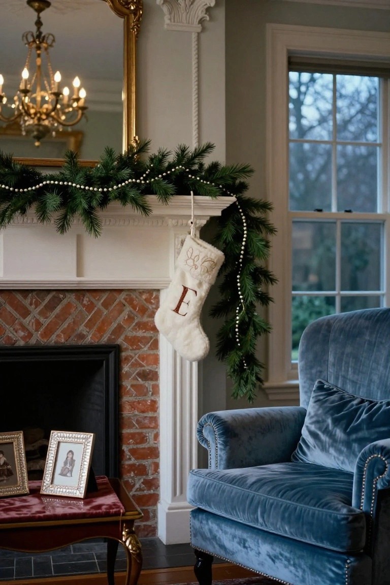 Brick fireplace mantel decorated with evergreen garland strung with white pearl beads and a large white knit stocking embroidered with a red E hanging from the center.