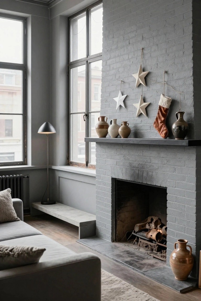 Cozy gray living room with a fireplace, stockings, and decorative pottery on a shelf.