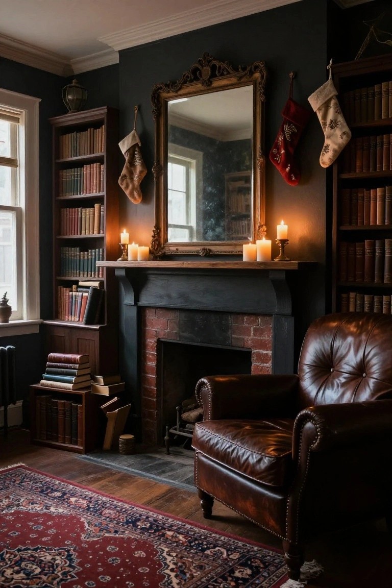 Dark-walled interior room with brick fireplace, candles on wooden mantel, Christmas stockings draped over mantel and ornate gold mirror, surrounding bookshelves, leather armchair, and red Persian rug.